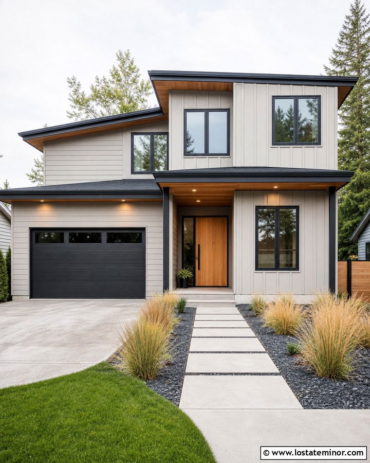 Light Gray House With Black Trim And Cedar Door - 30 Light Grey House Design With Accents Ideas
