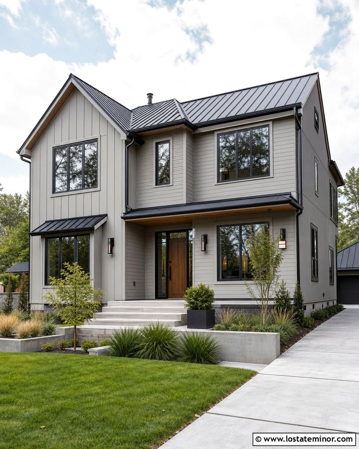 Light Gray House With Black Windows And Wood Door - 30 Light Grey House Design With Trim Ideas