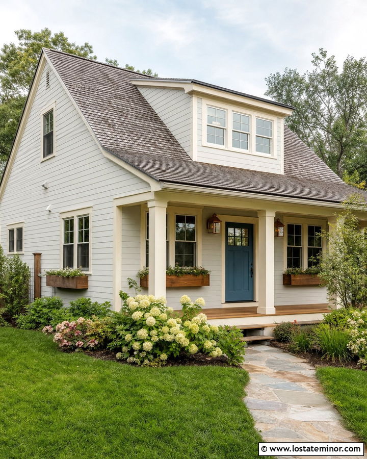 Light Gray House With Blue Door And Cream Trim - 30 Light Grey House Design With Trim Ideas