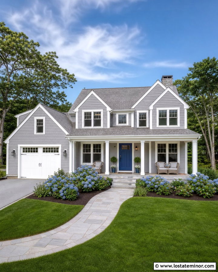 Light Gray House With Blue Front Door And White Trim - 30 Light Grey House Design With Accents Ideas