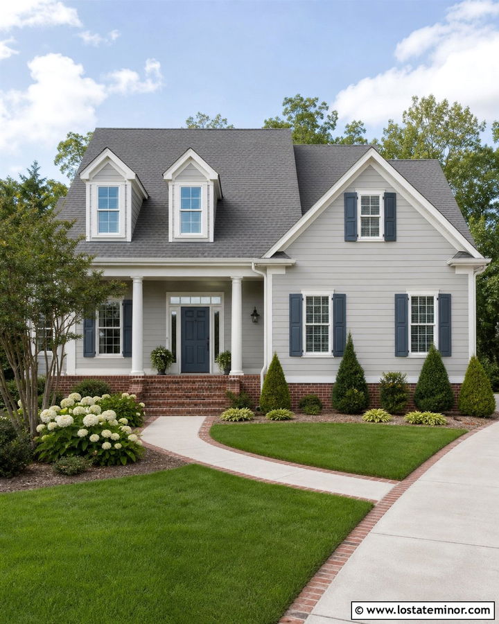 Light Gray House With Blue Shutters And Brick Steps - 30 Light Grey House Design With Steps Ideas