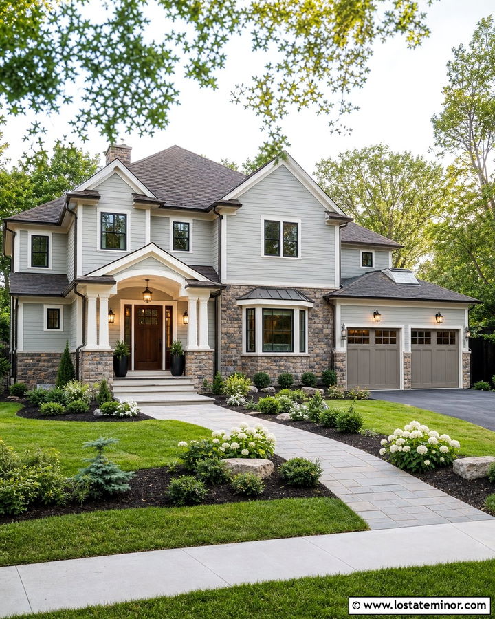 Light Gray House With Bronze Stone Wainscoting - 30 Stone House Design With Wainscoting Ideas