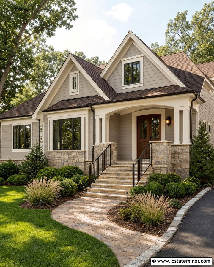 Light Gray House With Brown Roof And Tan Stone Steps - 30 Light Grey House Design With Steps Ideas
