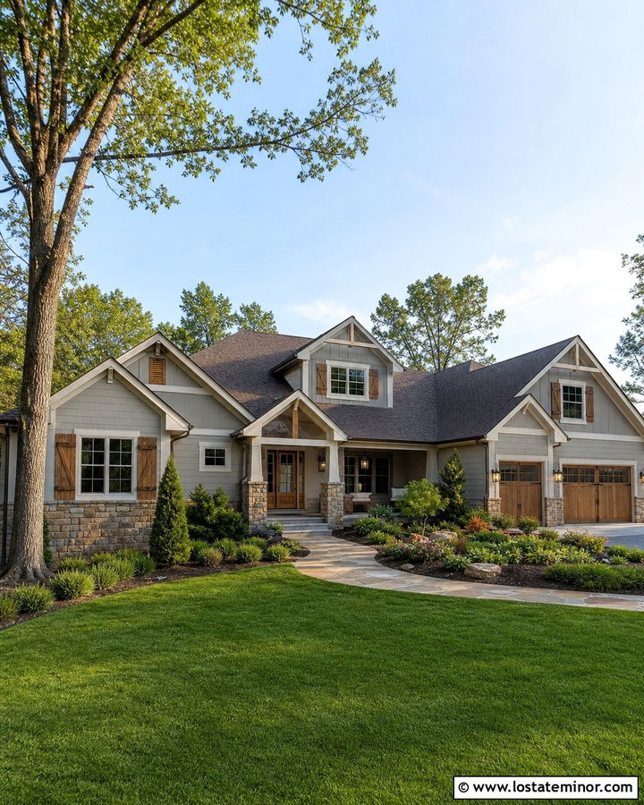 Light Gray House With Brown Roof And Wood Shutters - 30 Light Grey House Design With Accents Ideas