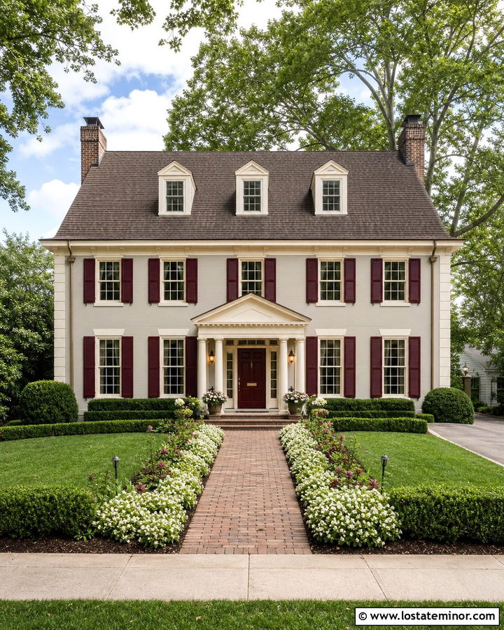 Light Gray House With Burgundy Door And Shutters - 30 Light Grey House Design With Accents Ideas