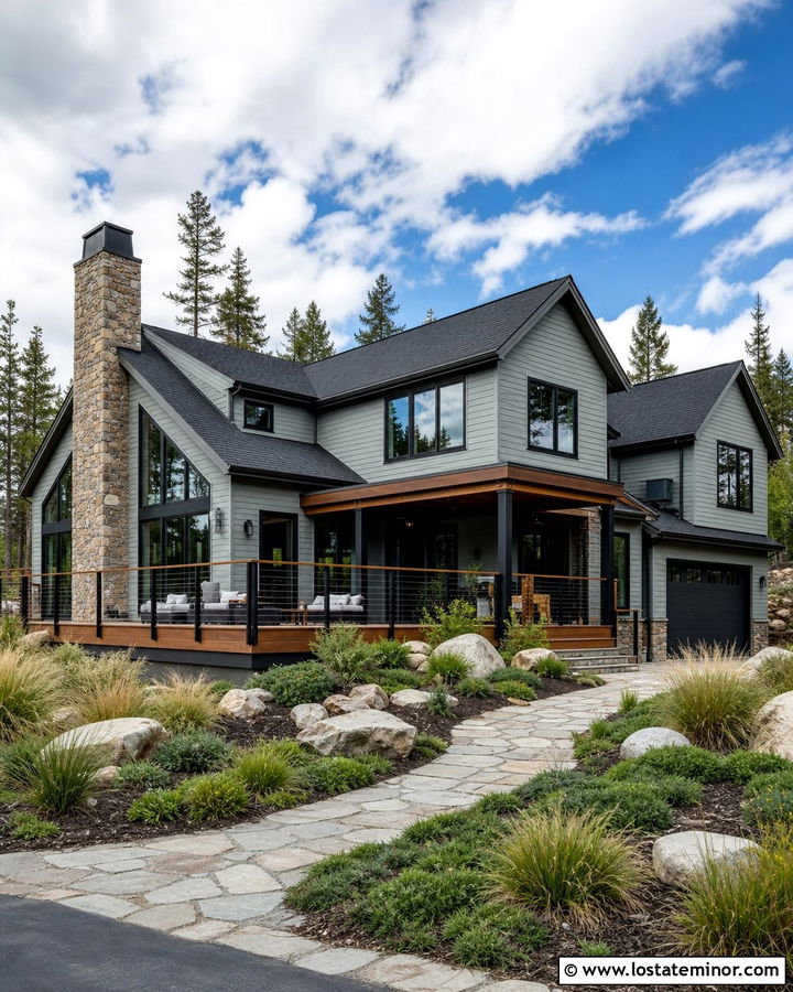 Light Gray House With Cable Railing Deck - 30 Light Grey House Design With Deck Ideas