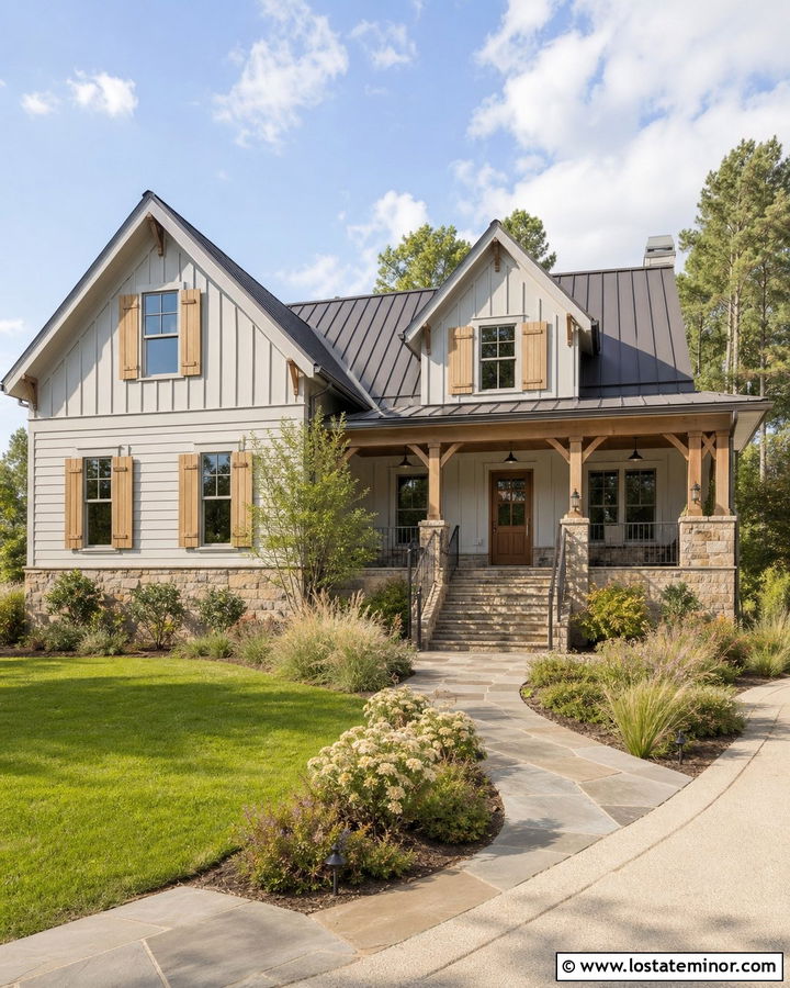 Light Gray House With Cedar Shutters And Stone Steps - 30 Light Grey House Design With Steps Ideas