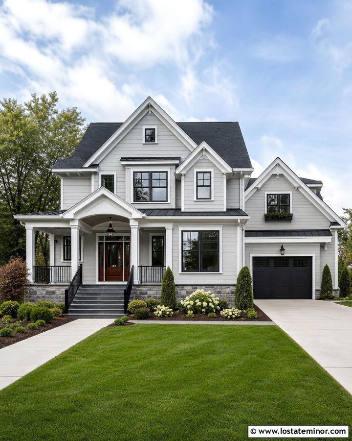 Light Gray House With Charcoal Roof And Slate Steps - 30 Light Grey House Design With Steps Ideas