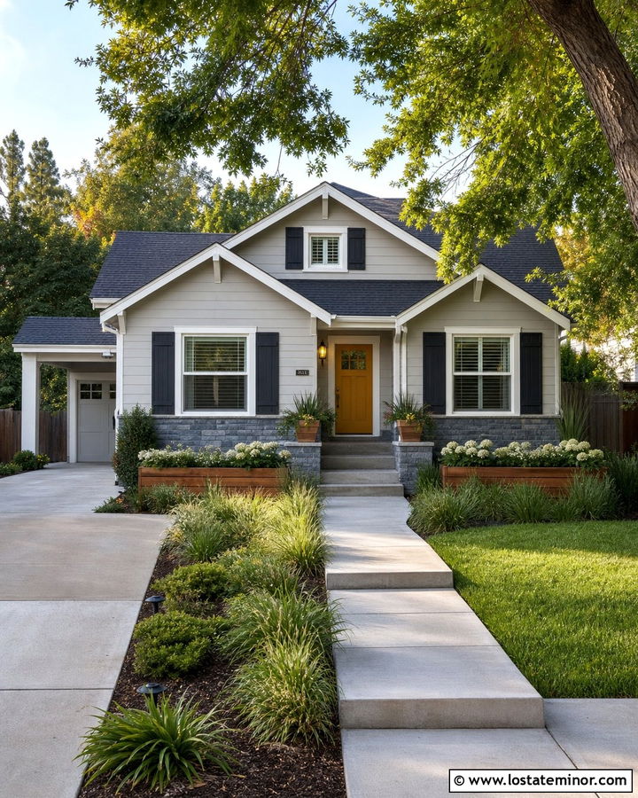 Light Gray House With Charcoal Shutters And Yellow Door - 30 Light Grey House Design With Shutters Ideas