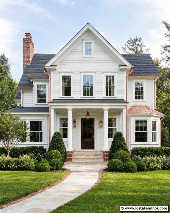 Light Gray House With Copper Accents And White Trim - 30 Light Grey House Design With Trim Ideas