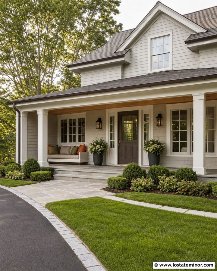 Light Gray House With Corner Porch Daybed - 30 Light Grey House Design With Daybed Ideas