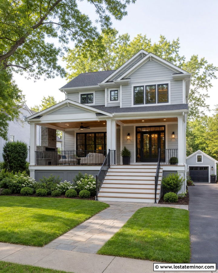 Light Gray House With Covered Deck - 30 Light Grey House Design With Deck Ideas