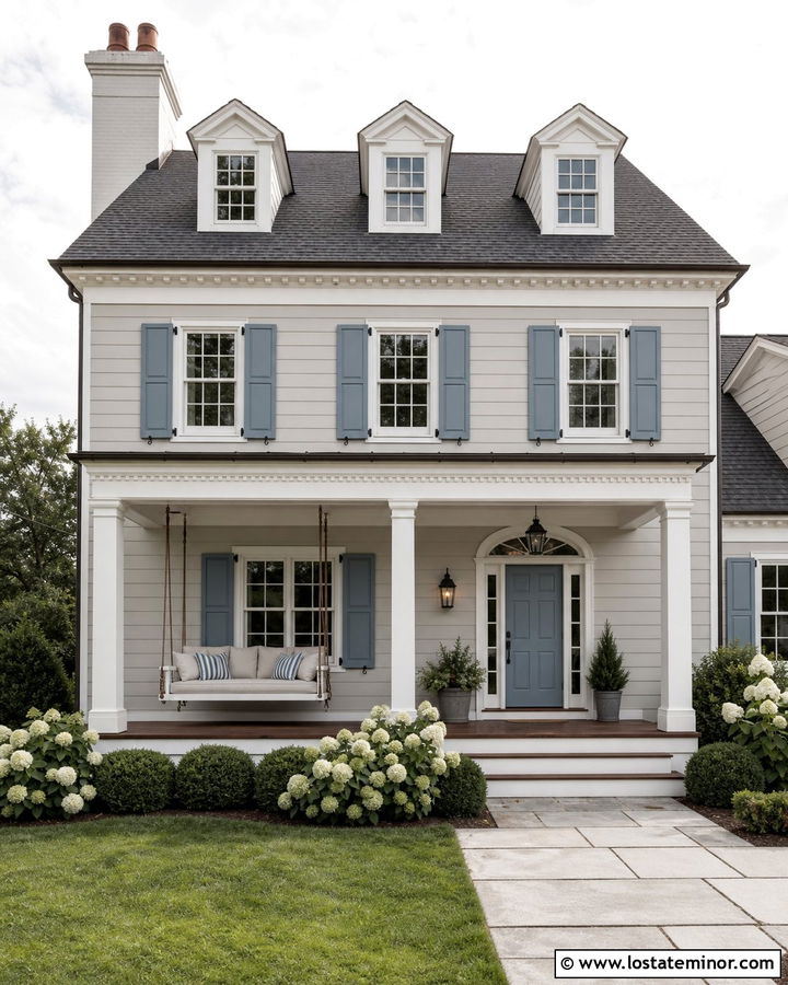 Light Gray House With Daybed And Blue Shutters - 30 Light Grey House Design With Daybed Ideas