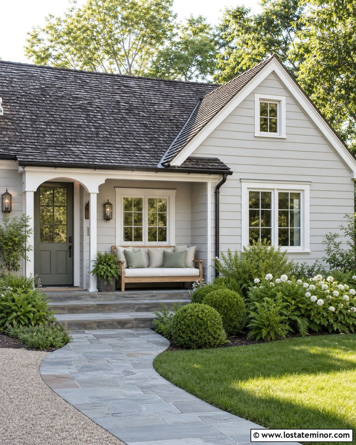 Light Gray House With Daybed And Green Door - 30 Light Grey House Design With Daybed Ideas
