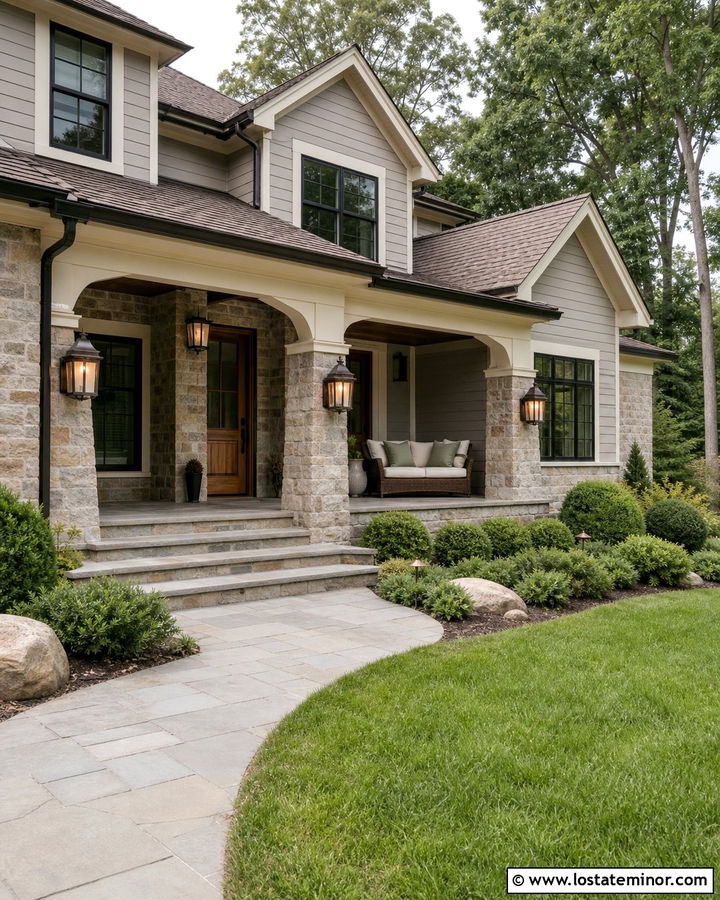 Light Gray House With Daybed And Stone Porch - 30 Light Grey House Design With Daybed Ideas