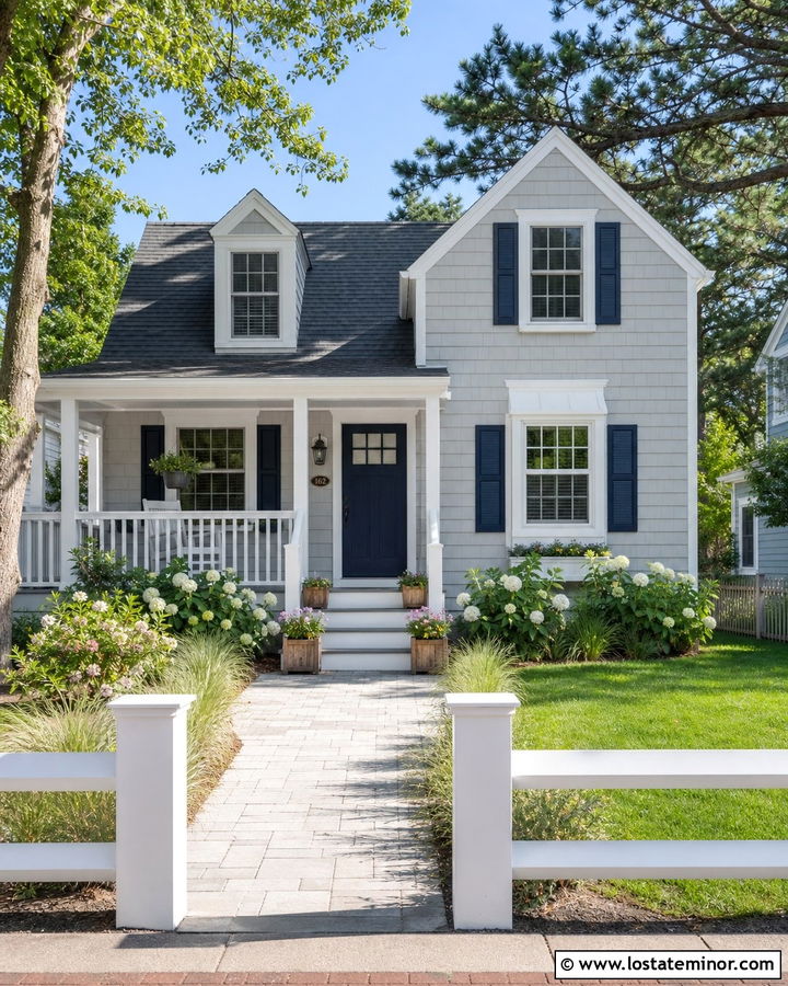 Light Gray House With Deck And Navy Front Door - 30 Light Grey House Design With Deck Ideas