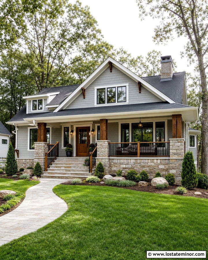 Light Gray House With Deck And Stone Columns - 30 Light Grey House Design With Deck Ideas