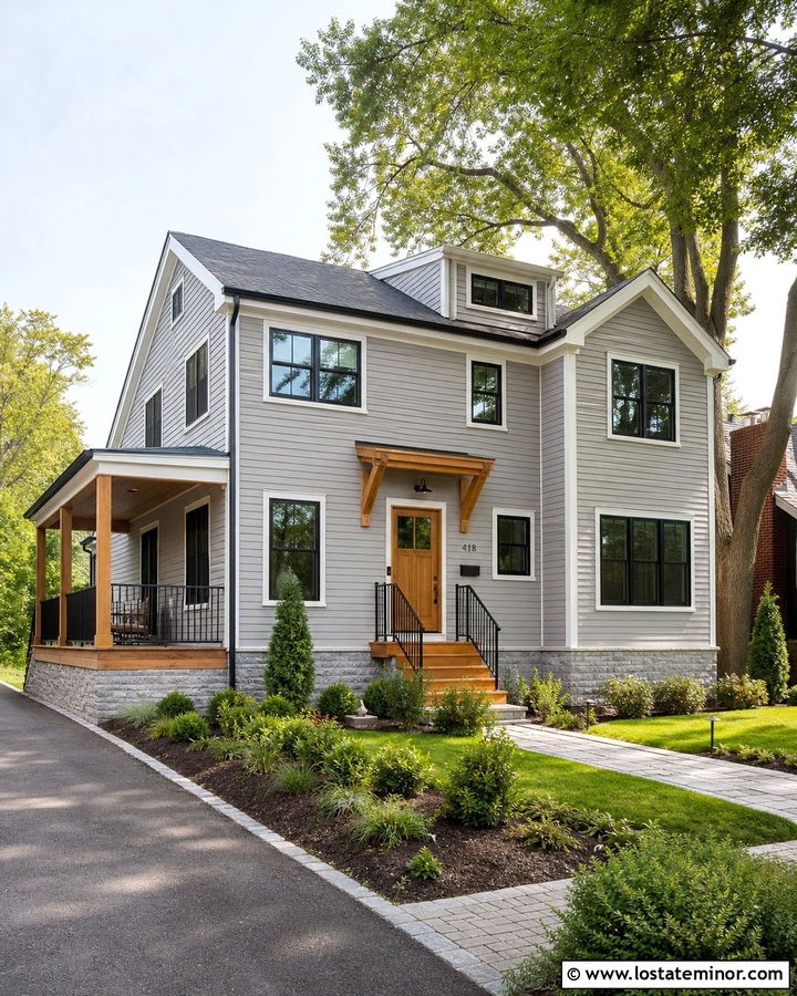 Light Gray House With Deck And Wood Front Door - 30 Light Grey House Design With Deck Ideas