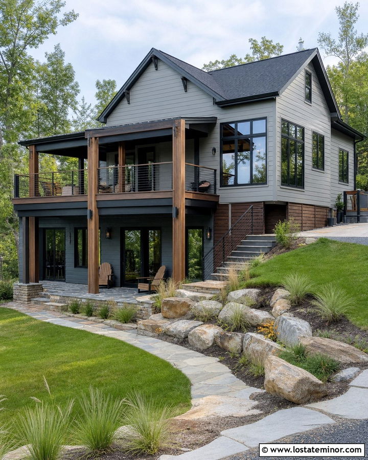Light Gray House With Elevated Deck - 30 Light Grey House Design With Deck Ideas
