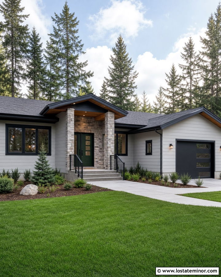 Light Gray House With Green Door And Black Trim - 30 Light Grey House Design With Trim Ideas
