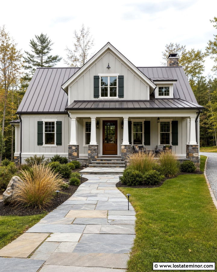 Light Gray House With Green Shutters And Metal Roof - 30 Light Grey House Design With Shutters Ideas