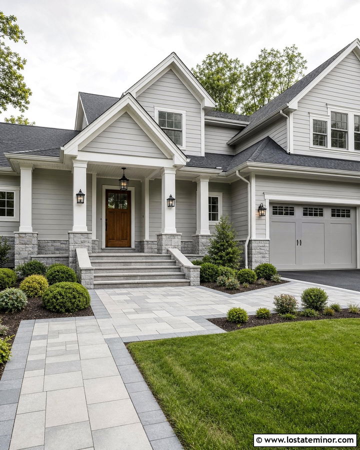Light Gray House With Matching Garage And Entry Steps - 30 Light Grey House Design With Steps Ideas