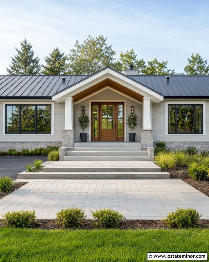 Light Gray House With Metal Roof And Concrete Steps - 30 Light Grey House Design With Steps Ideas