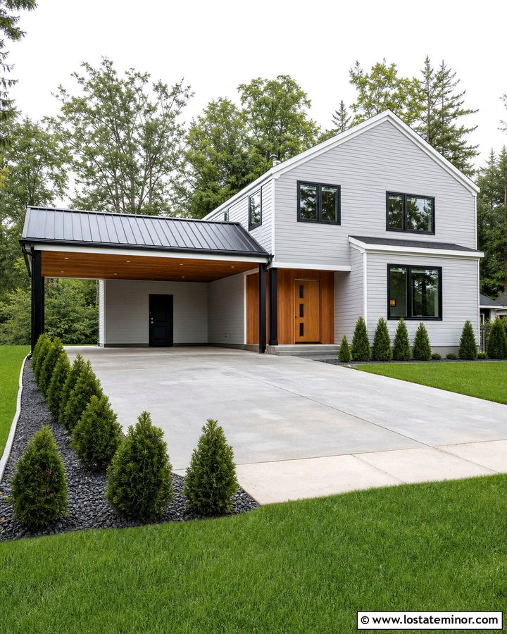 Light Gray House With Metal Roof Carport - 30 Light Grey House Design With Carport Ideas