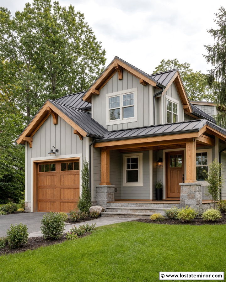 Light Gray House With Natural Wood Trim - 30 Light Grey House Design With Trim Ideas