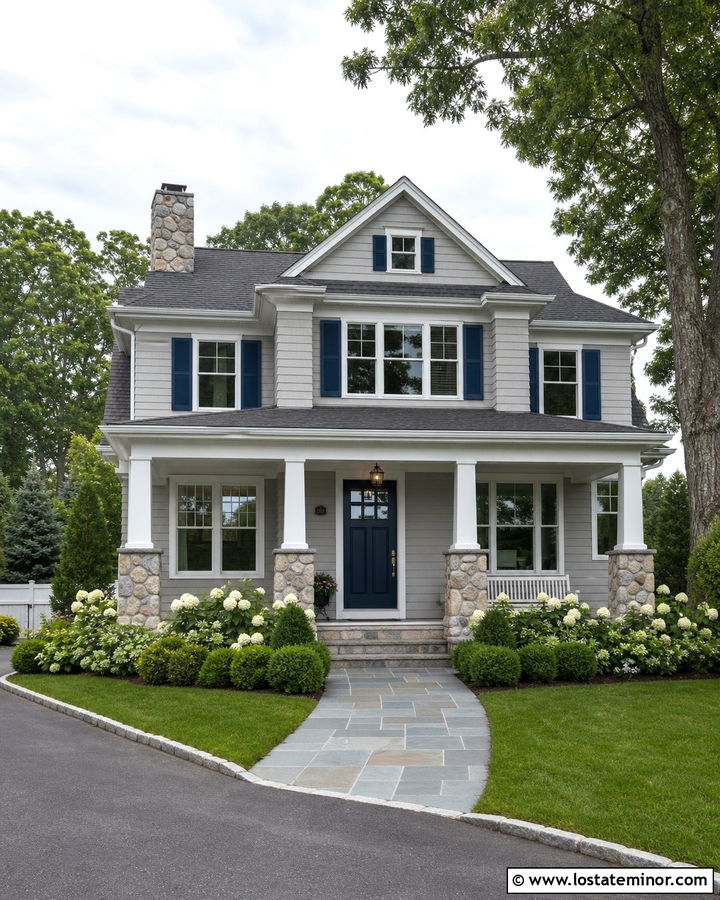 Light Gray House With Navy Shutters And Stone - 30 Light Grey House Design With Shutters Ideas