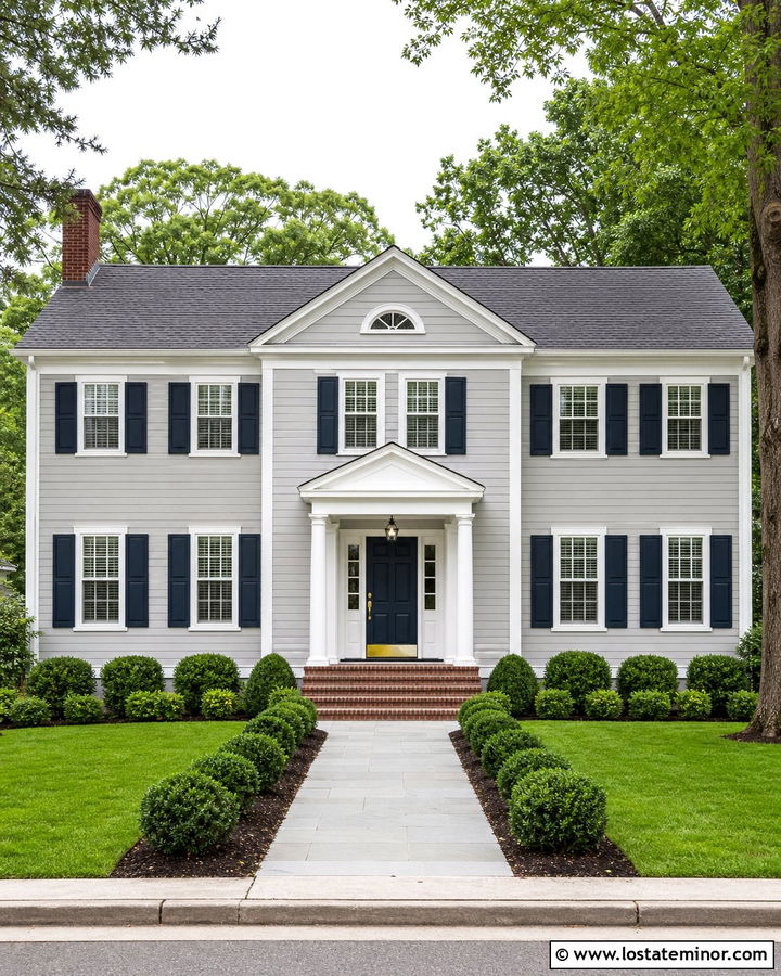 Light Gray House With Navy Shutters And White Trim - 30 Light Grey House Design With Trim Ideas
