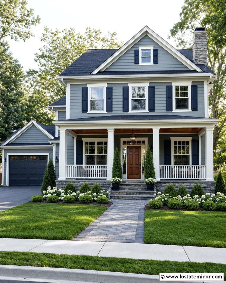 Light Gray House With Navy Shutters And Wood Door - 30 Light Grey House Design With Shutters Ideas