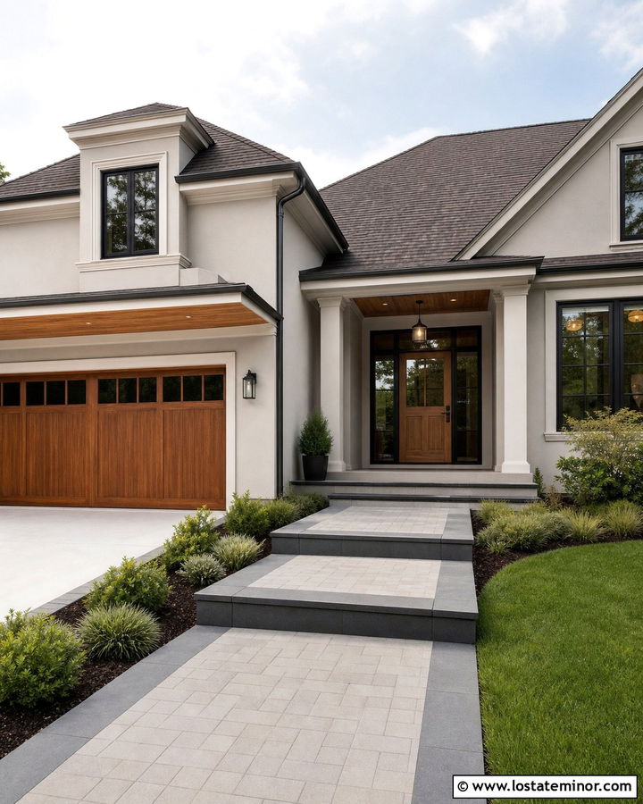 Light Gray House With Paver Steps And Wood Garage Door - 30 Light Grey House Design With Steps Ideas