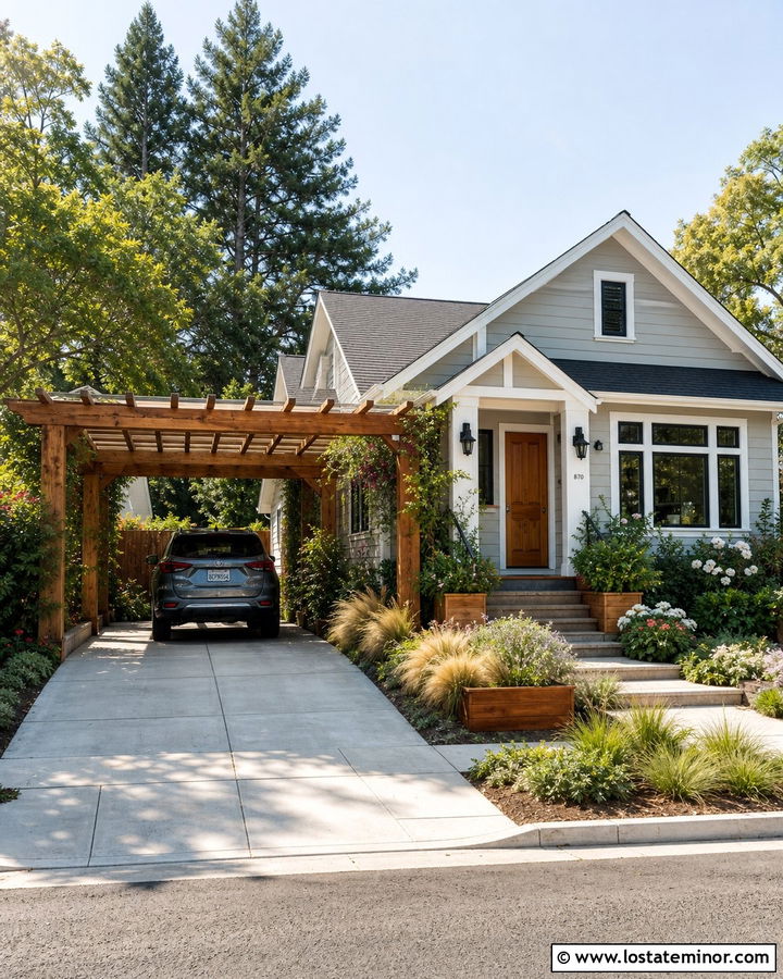 Light Gray House With Pergola Carport - 30 Light Grey House Design With Carport Ideas