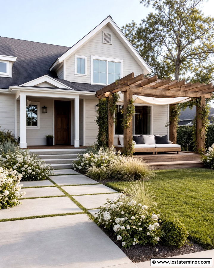 Light Gray House With Pergola Daybed - 30 Light Grey House Design With Daybed Ideas