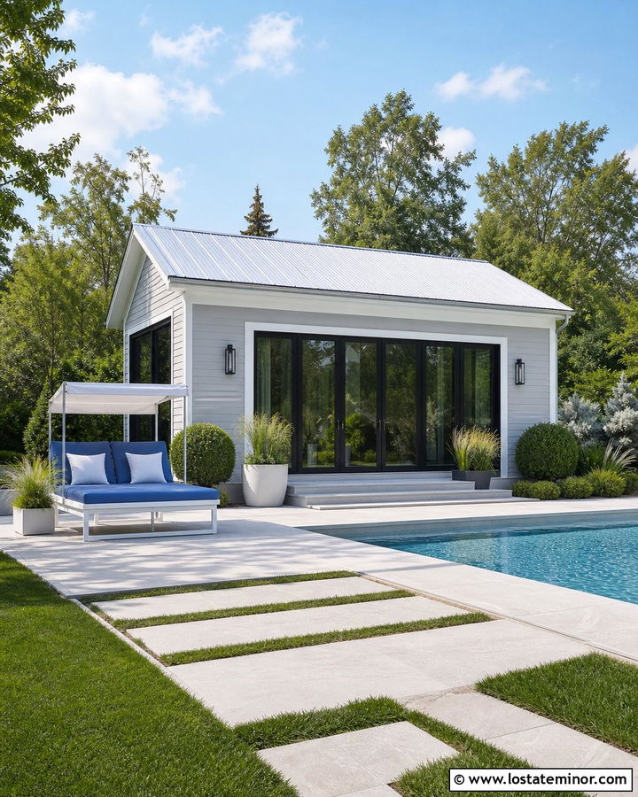 Light Gray House With Poolside Daybed - 30 Light Grey House Design With Daybed Ideas