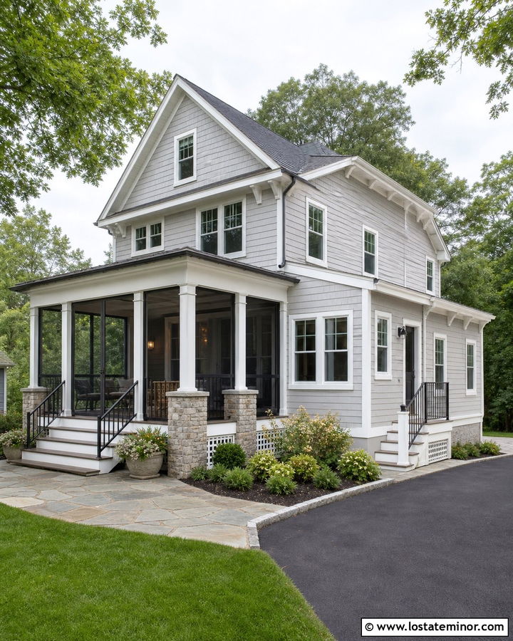 Light Gray House With Screened Deck - 30 Light Grey House Design With Deck Ideas