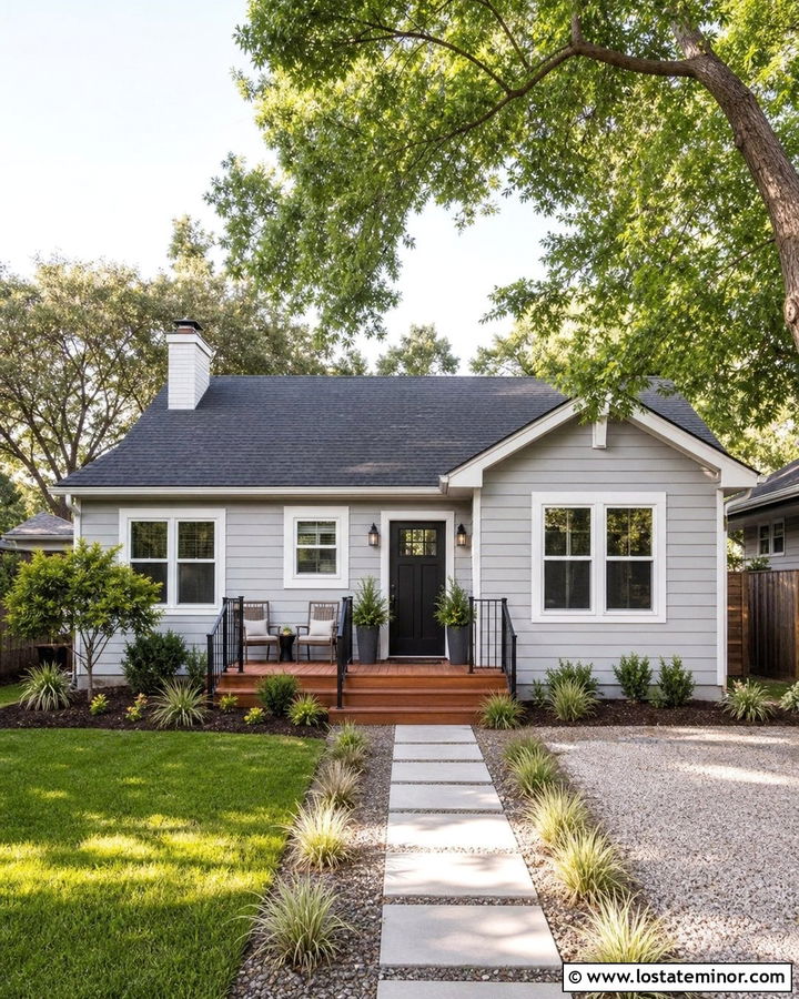 Light Gray House With Small Front Deck - 30 Light Grey House Design With Deck Ideas