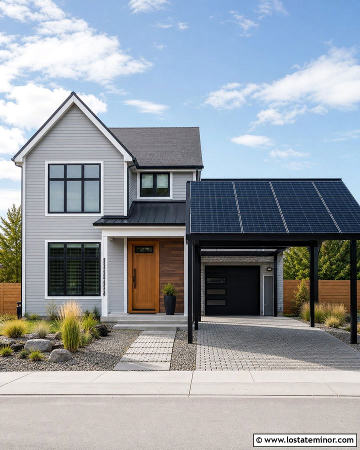 Light Gray House With Solar Carport - 30 Light Grey House Design With Carport Ideas