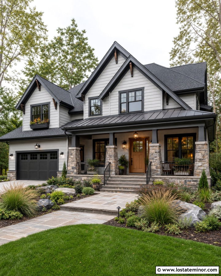 Light Gray House With Stone And Black Trim - 30 Light Grey House Design With Trim Ideas