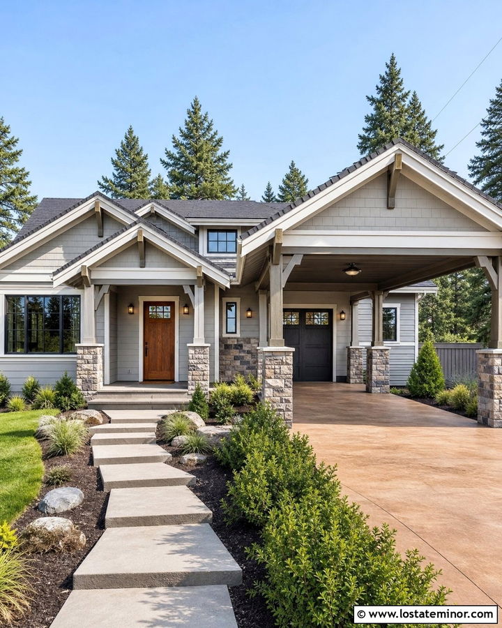 Light Gray House With Stone Carport Columns - 30 Light Grey House Design With Carport Ideas