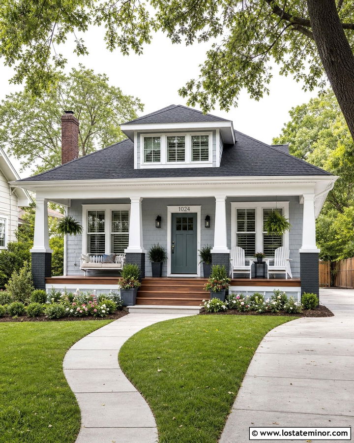 Light Gray House With Teal Door And Wood Porch - 30 Light Grey House Design With Accents Ideas