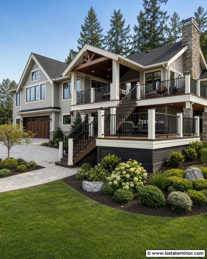 Light Gray House With Two Level Deck - 30 Light Grey House Design With Deck Ideas