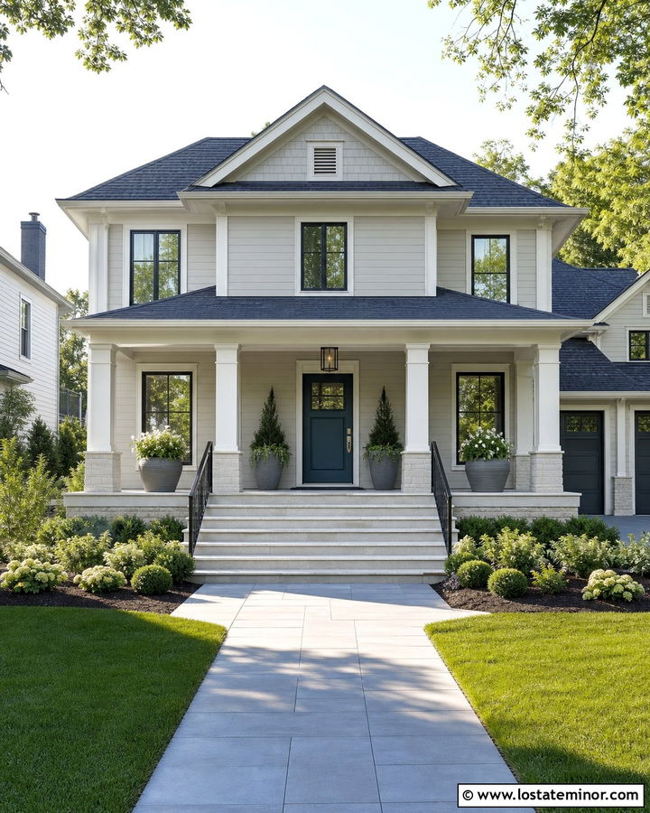 Light Gray House With Wide Low Rise Steps - 30 Light Grey House Design With Steps Ideas