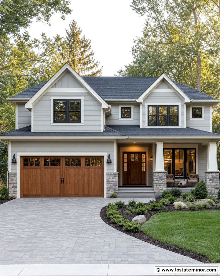 Light Gray House With Wood Garage Doors - 30 Light Grey House Design With Accents Ideas