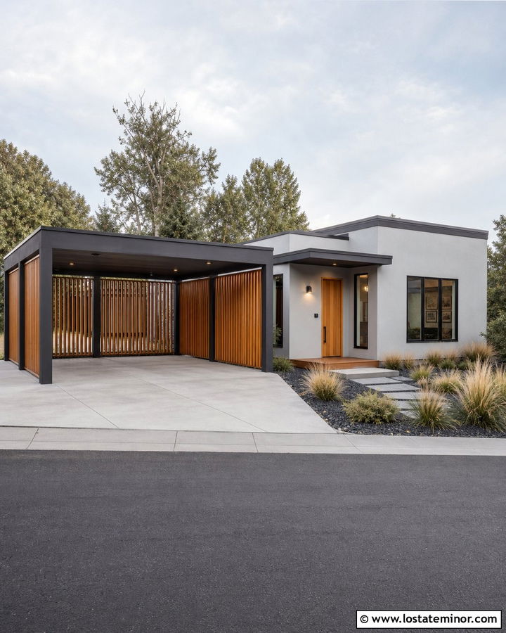 Light Gray House With Wood Slat Carport - 30 Light Grey House Design With Carport Ideas