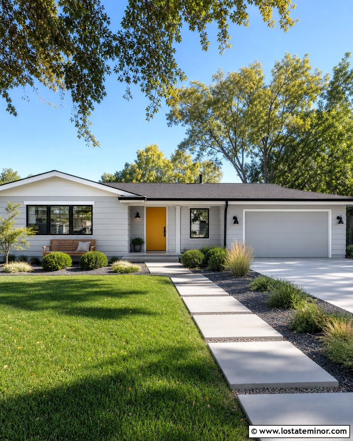 Light Gray House With Yellow Door And Black Accents - 30 Light Grey House Design With Accents Ideas