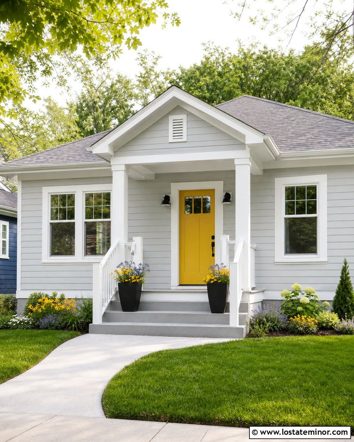 Light Gray House With Yellow Door And White Trim - 30 Light Grey House Design With Trim Ideas