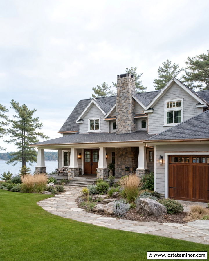 Light Gray Lake House With Stone Chimney - 30 Light Grey House Design With Chimney Ideas