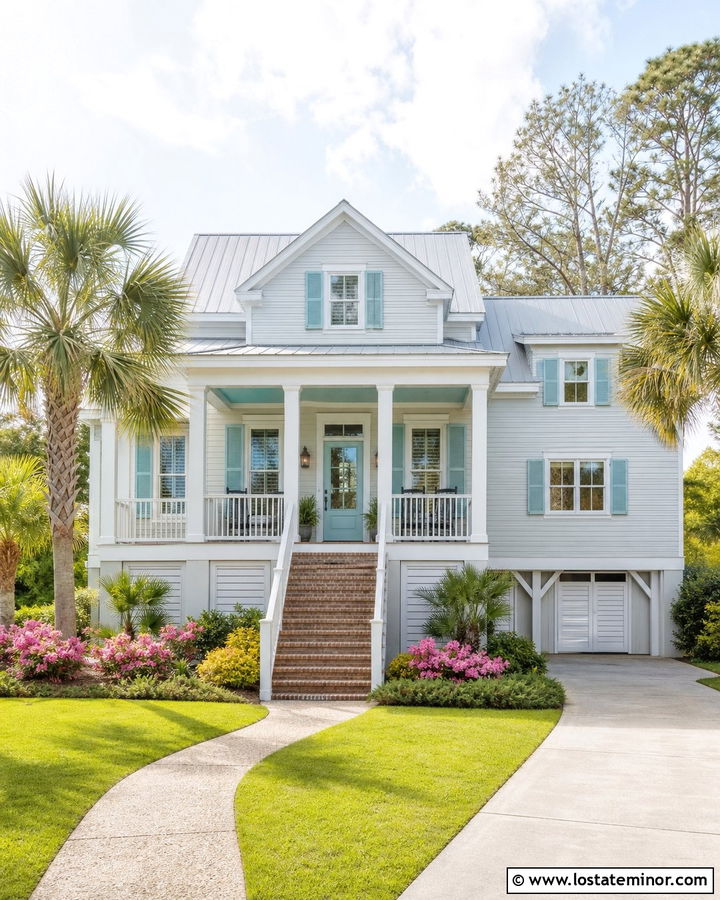Light Gray Lowcountry House With Aqua Shutters - 30 Light Grey House Design With Shutters Ideas